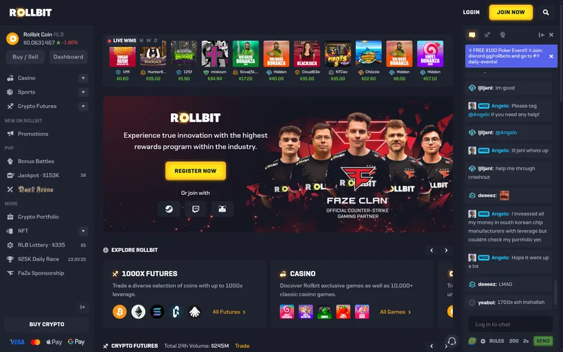 Rollbit crypto casino homepage